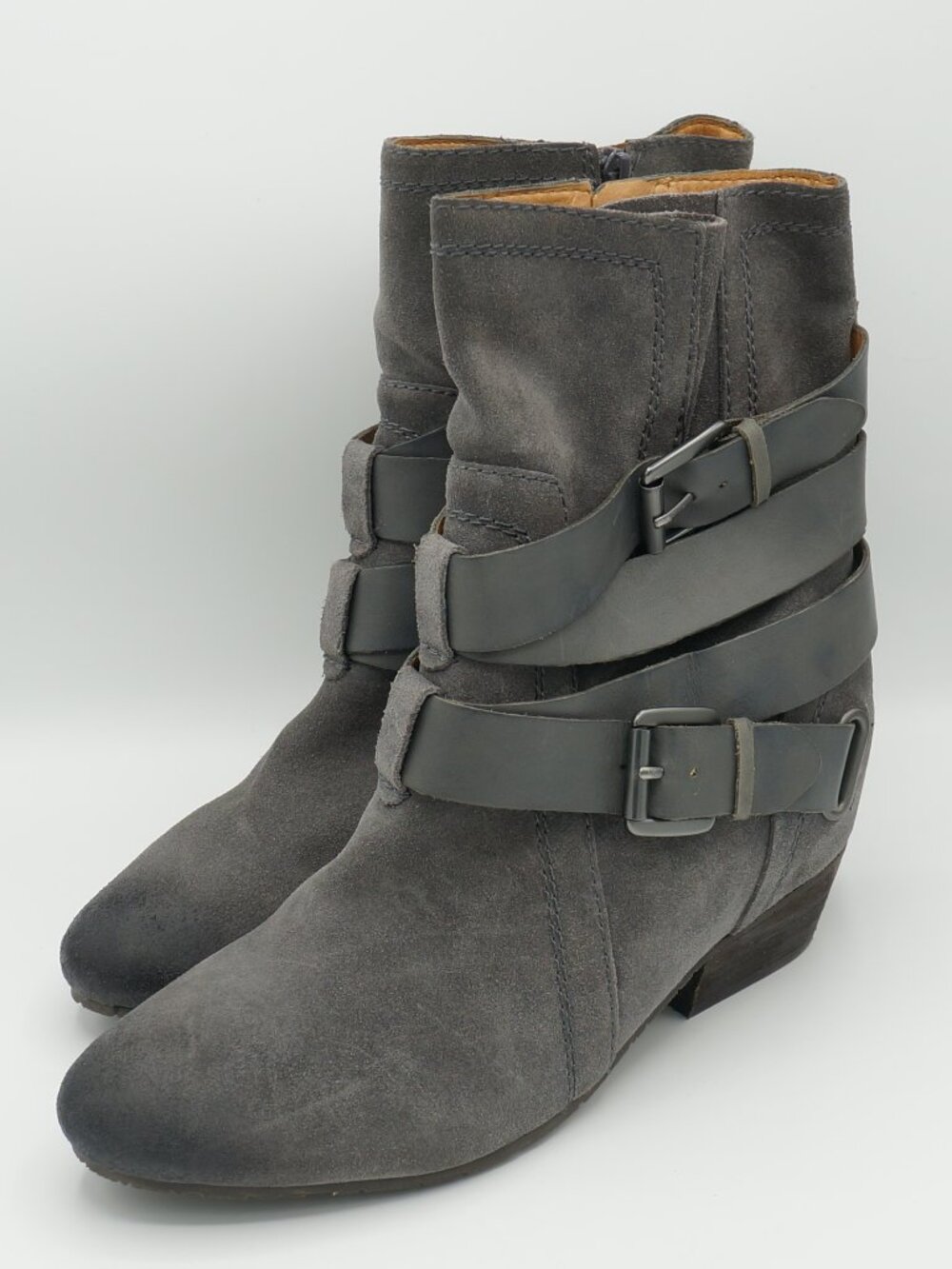 Fisher Women's Grey Suede Strappy Buckle Ankle Boots Booties Size 11 M